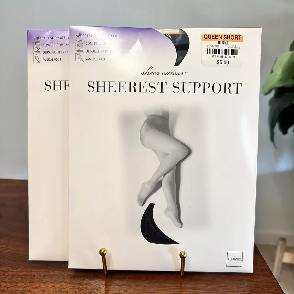 2 Vintage Sheer Caress Sheerest Support Queen Short Navy Off Black Pantyhose